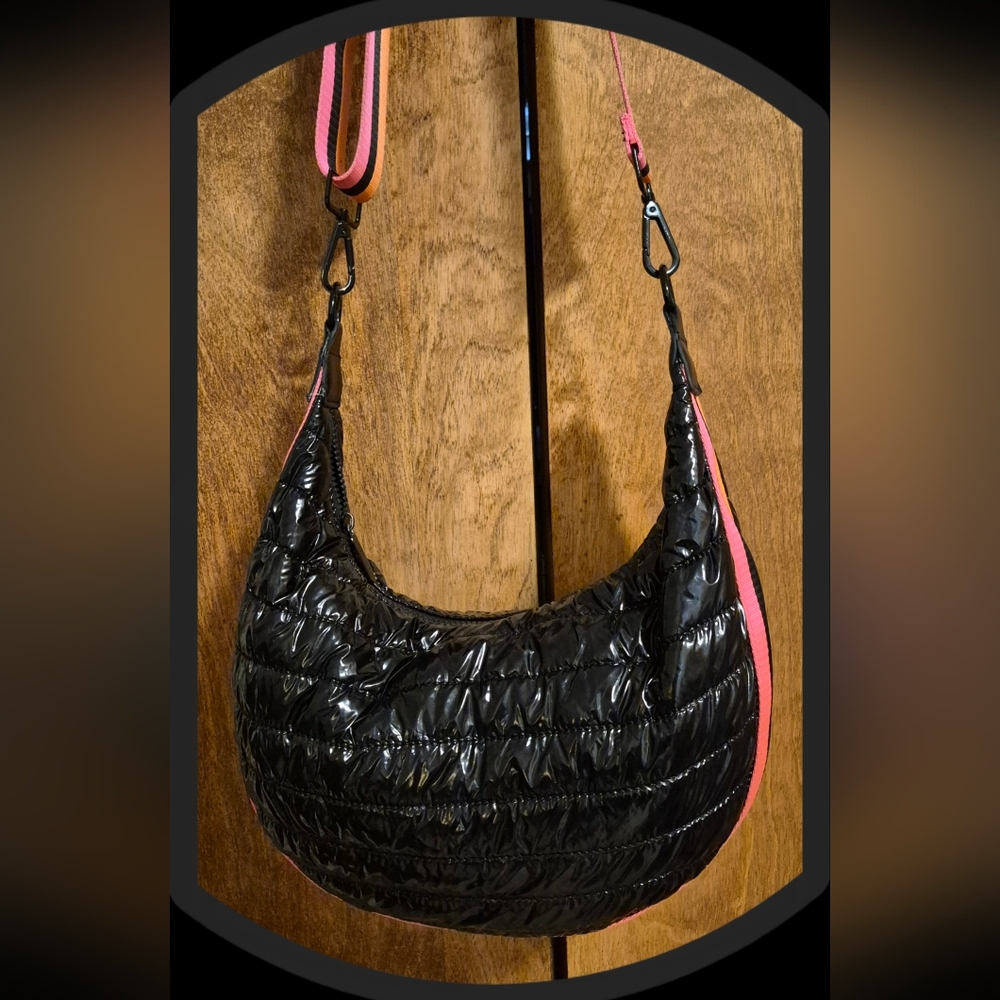 BCBGeneration Black Glossy Quilted Puffer Hobo Bag w/Orange & Pink Neon Strap